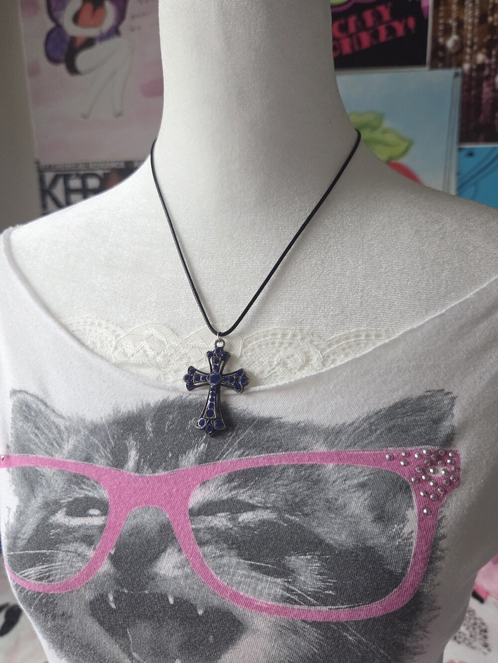 Y2k mixed cross & pendant necklace with faux leather cord